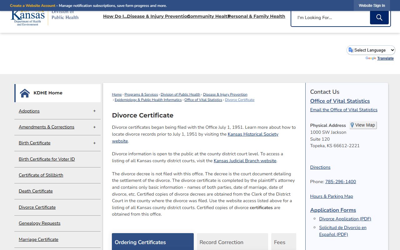 Chautauqua County divorce records KDHE divorce certificate
