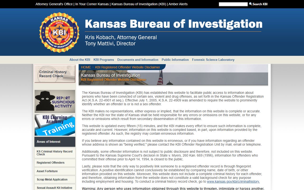 Chautauqua County warrant records and KBI registered offender search